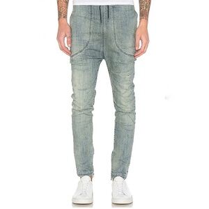 LOVE UGLY Jeans Mens Medium Blue Acid Wash Harem Style Elastic Waist Zip Ankle